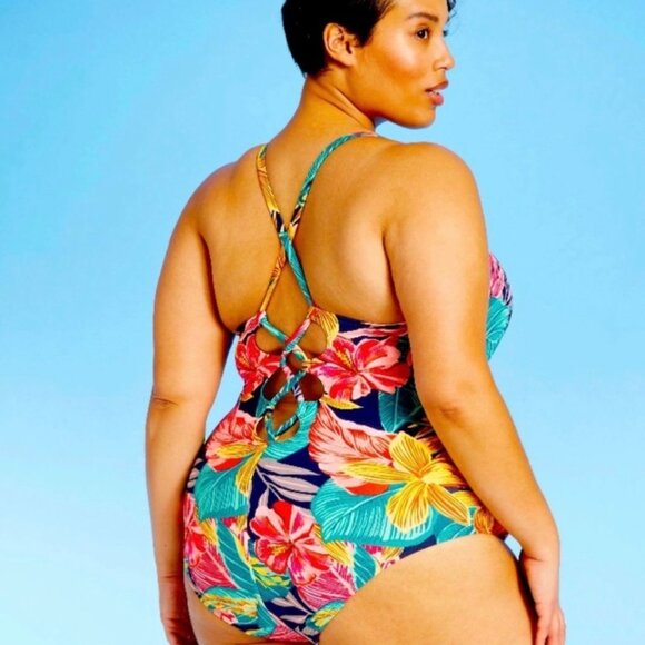 Kona Sol Floral Hibiscus One Piece Swimsuit Size 20W Bikini Strappy Ruched - Picture 3 of 9